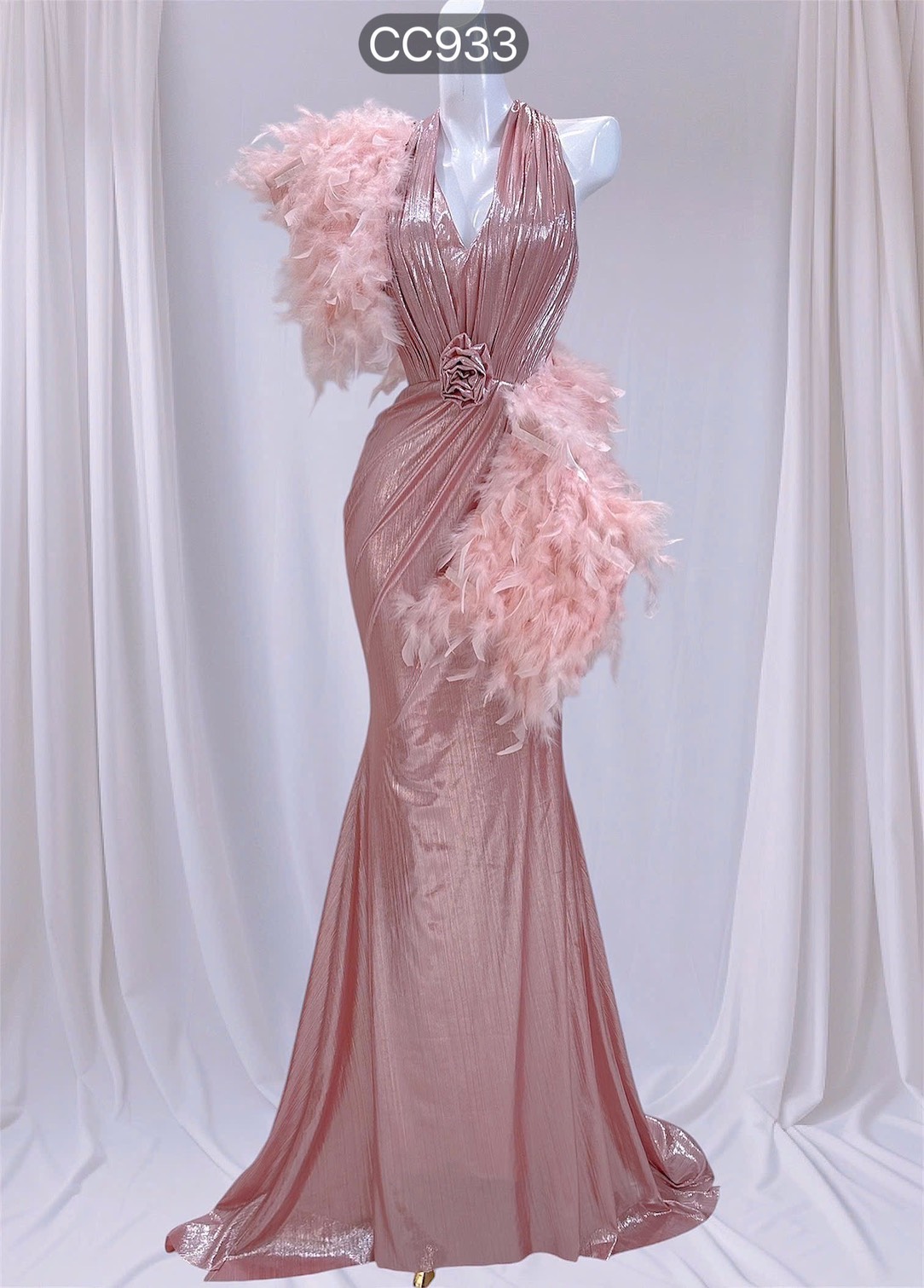 ชุดราตรียาว คล้องคอ แต่งดอก+ขน สีชมพู 3007 Size S BKK - Image 4