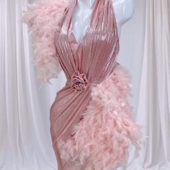 ชุดราตรียาว คล้องคอ แต่งดอก+ขน สีชมพู 3007 Size S BKK