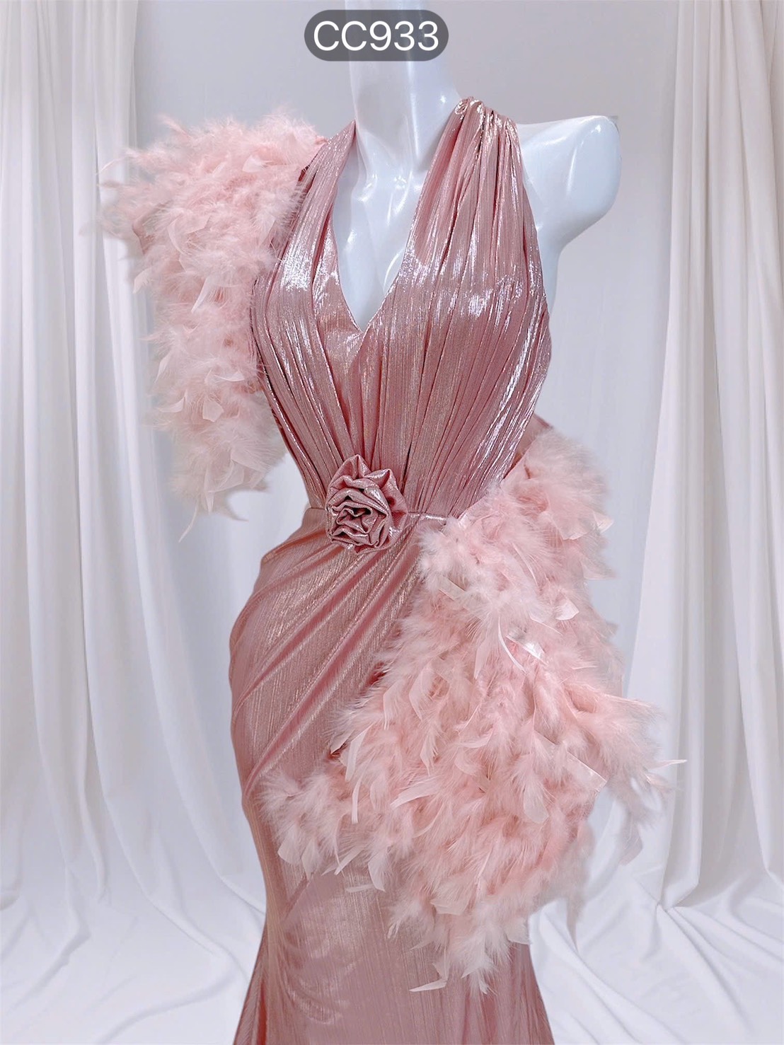 ชุดราตรียาว คล้องคอ แต่งดอก+ขน สีชมพู 3007 Size S BKK - Image 5