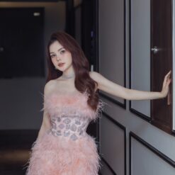 ชุดเดรส เกาะอก แต่งเพชร+ขน สีชมพู 2076 Size S BKK