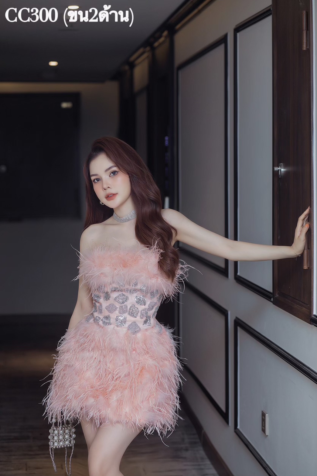 ชุดเดรส เกาะอก แต่งเพชร+ขน สีชมพู 2076 Size S BKK - Image 2