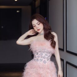ชุดเดรส เกาะอก แต่งเพชร+ขน สีชมพู 2076 Size S BKK