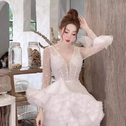 ชุดเดรส แต่งมุก แขนยาว สีขาว 2078 Size XXL BKK