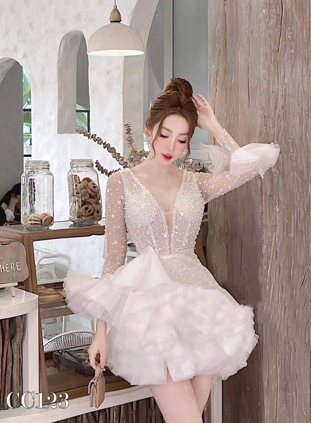 ชุดเดรส แต่งมุก แขนยาว สีขาว 2078 Size XXL BKK - Image 3