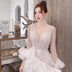 ชุดเดรส แต่งมุก แขนยาว สีขาว 2078 Size XXL BKK