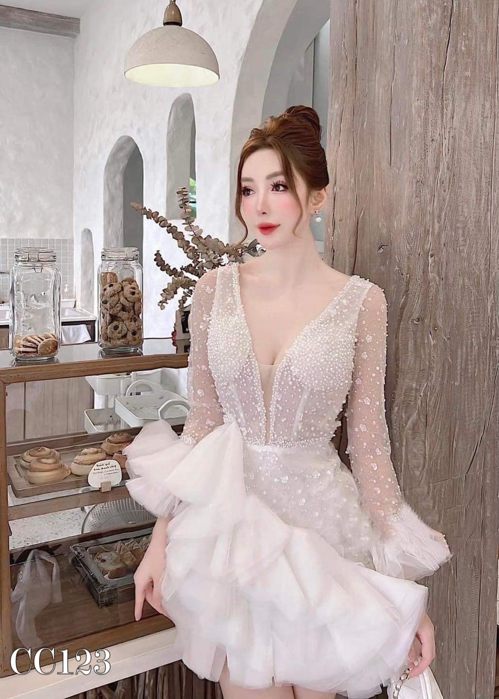 ชุดเดรส แต่งมุก แขนยาว สีขาว 2078 Size XXL BKK