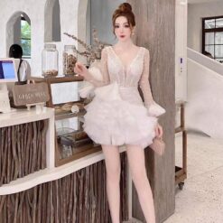 ชุดเดรส แต่งมุก แขนยาว สีขาว 2078 Size XXL BKK