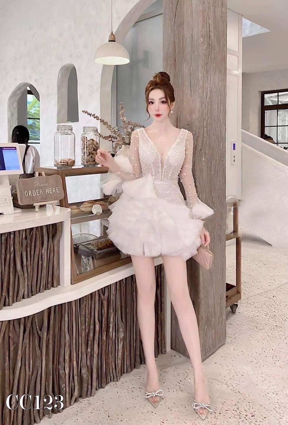 ชุดเดรส แต่งมุก แขนยาว สีขาว 2078 Size XXL BKK - Image 2