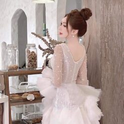 ชุดเดรส แต่งมุก แขนยาว สีขาว 2078 Size XXL BKK
