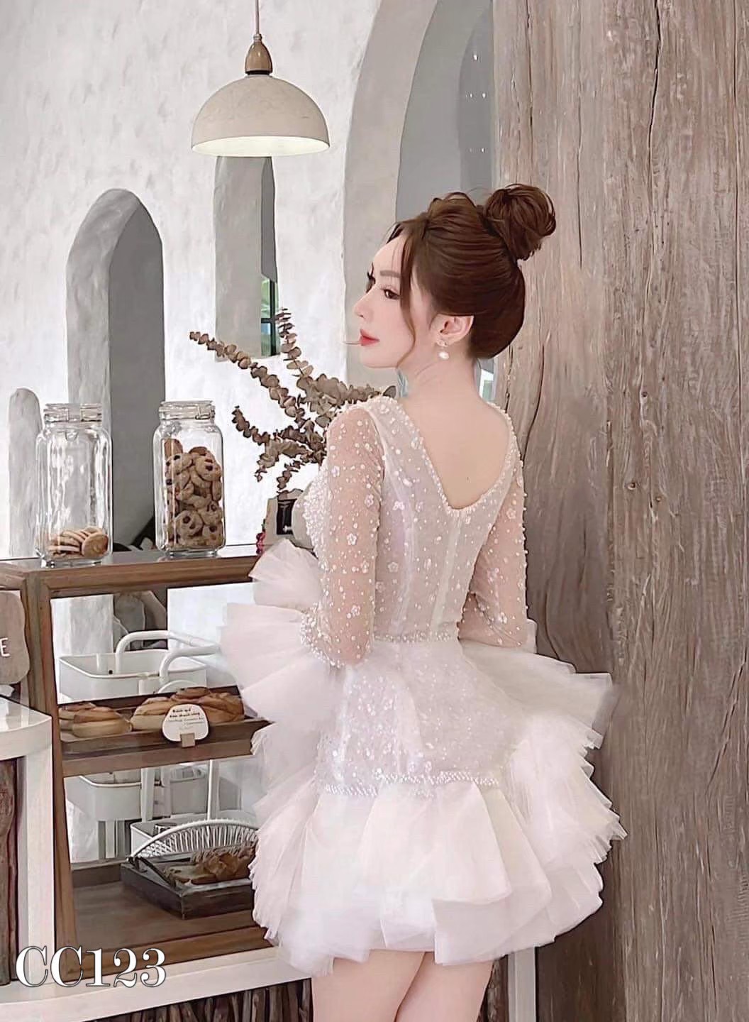 ชุดเดรส แต่งมุก แขนยาว สีขาว 2078 Size XXL BKK - Image 4