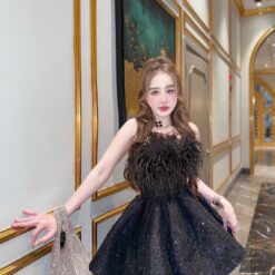 ชุดเดรส เกาะอก แต่งกลิตเตอร์+ขน สีดำ 2085 Size M BKK
