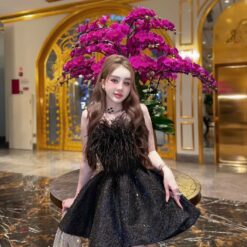 ชุดเดรส เกาะอก แต่งกลิตเตอร์+ขน สีดำ 2085 Size M BKK