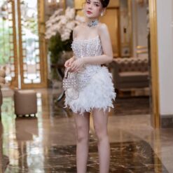 ชุดเดรส เกาะอก แต่งมุก+ขน สีขาว 2086 Size S BKK
