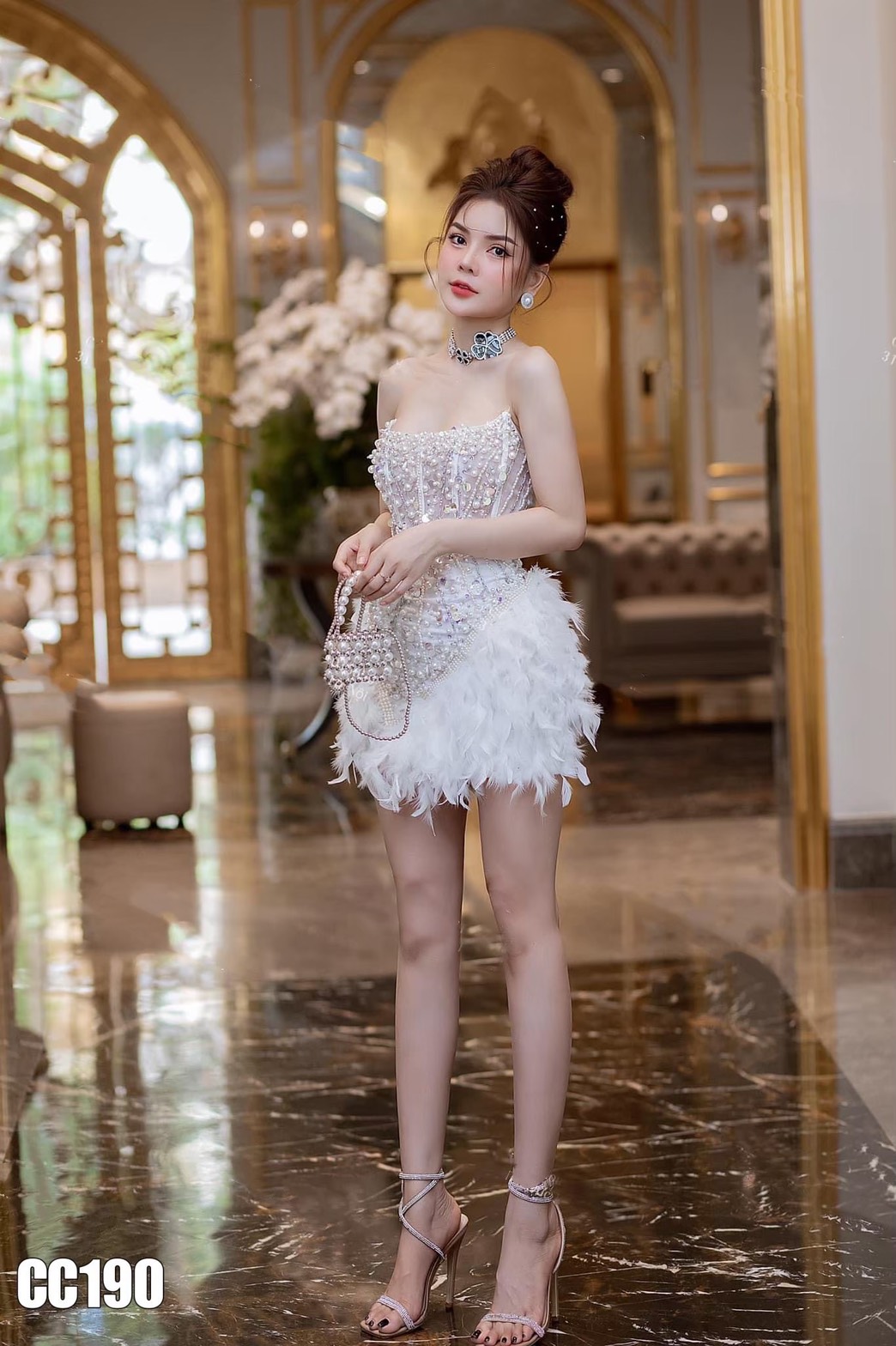 ชุดเดรส เกาะอก แต่งมุก+ขน สีขาว 2086 Size S BKK - Image 3