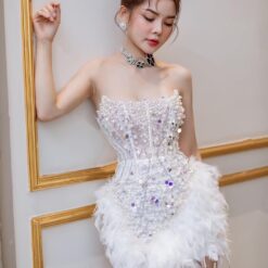 ชุดเดรส เกาะอก แต่งมุก+ขน สีขาว 2086 Size S BKK
