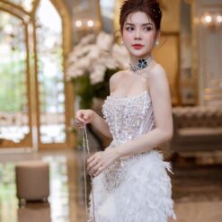 ชุดเดรส เกาะอก แต่งมุก+ขน สีขาว 2086 Size S BKK