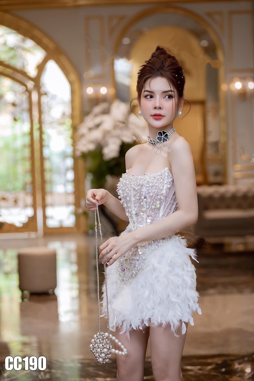 ชุดเดรส เกาะอก แต่งมุก+ขน สีขาว 2086 Size S BKK - Image 2