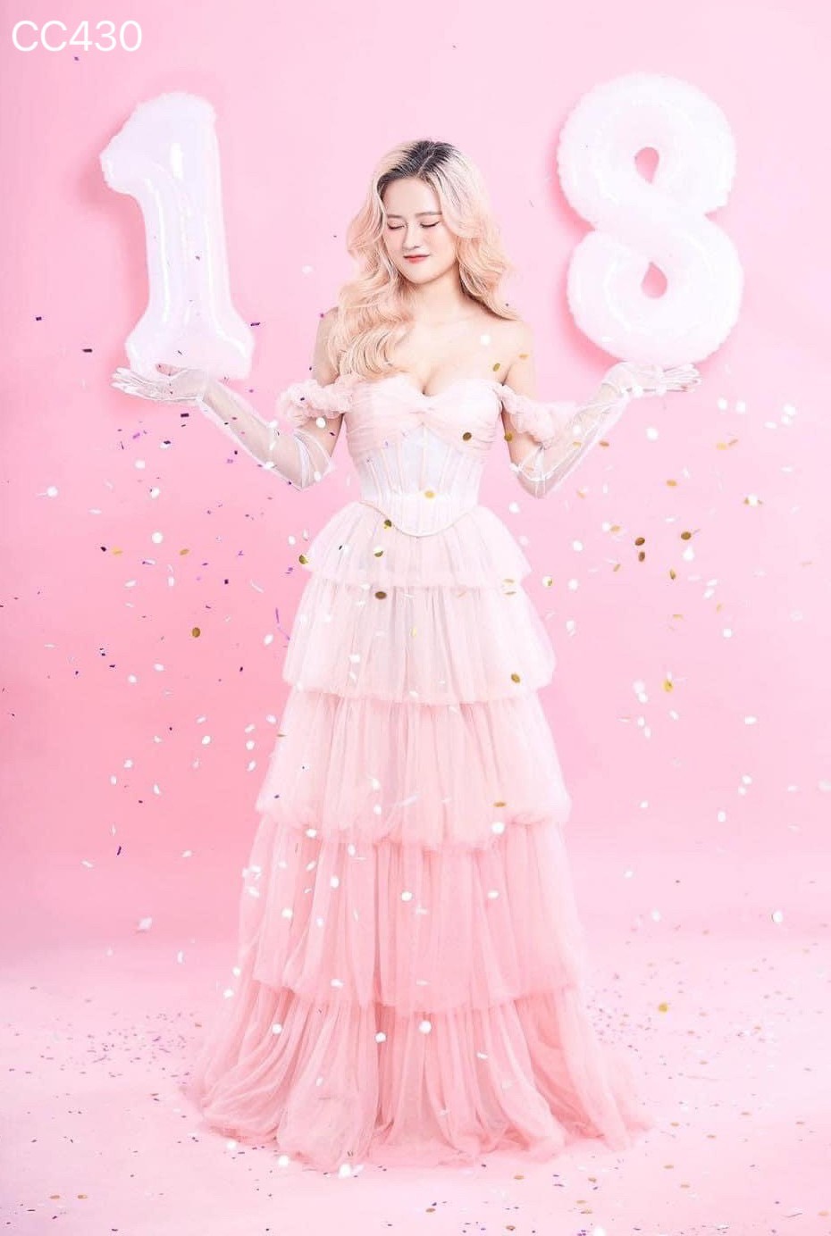 ชุดราตรียาว ทูโทน ฟูฟ่อง สีชมพู 3013 Size M - Image 3