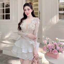 ชุดเดรส ซีทรู แต่งดอก สีขาว-ครีม 2089 BKK Size XXL