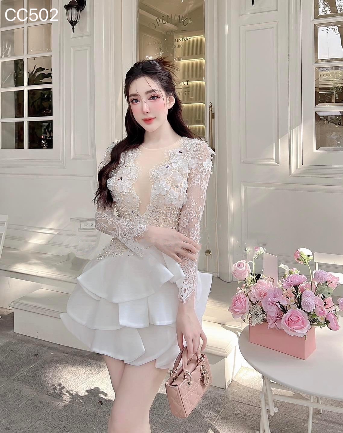ชุดเดรส ซีทรู แต่งดอก สีขาว-ครีม 2089 BKK Size XXL - Image 2