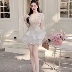 ชุดเดรส ซีทรู แต่งดอก สีขาว-ครีม 2089 BKK Size XXL