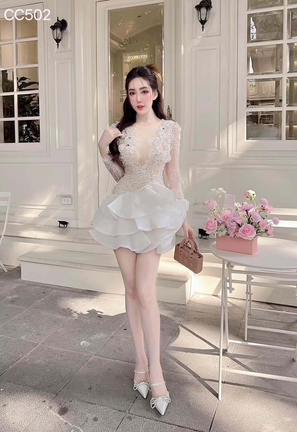 ชุดเดรส ซีทรู แต่งดอก สีขาว-ครีม 2089 BKK Size XXL - Image 3