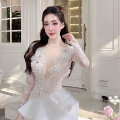 ชุดเดรส ซีทรู แต่งดอก สีขาว-ครีม 2089 BKK Size XXL
