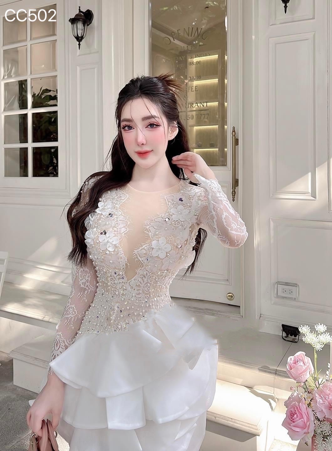 ชุดเดรส ซีทรู แต่งดอก สีขาว-ครีม 2089 BKK Size XXL
