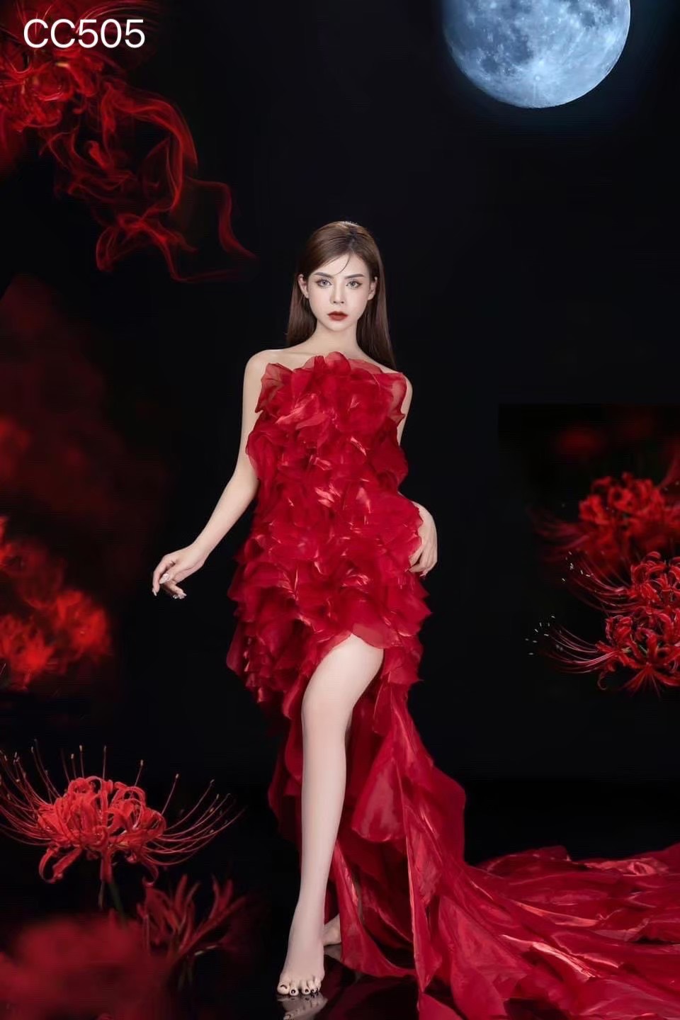 ชุดราตรียาว คล้องคอ หางยาว สีแดง 3014 Size S BKK - Image 2