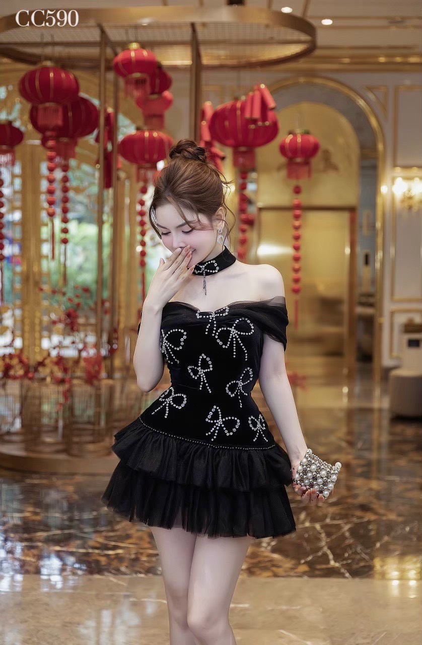 ชุดเดรส ปาดไหล่ แต่งโบว์เพชร สีดำ 2091 Size M BKK - Image 3