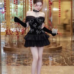 ชุดเดรส ปาดไหล่ แต่งโบว์เพชร สีดำ 2091 Size M BKK