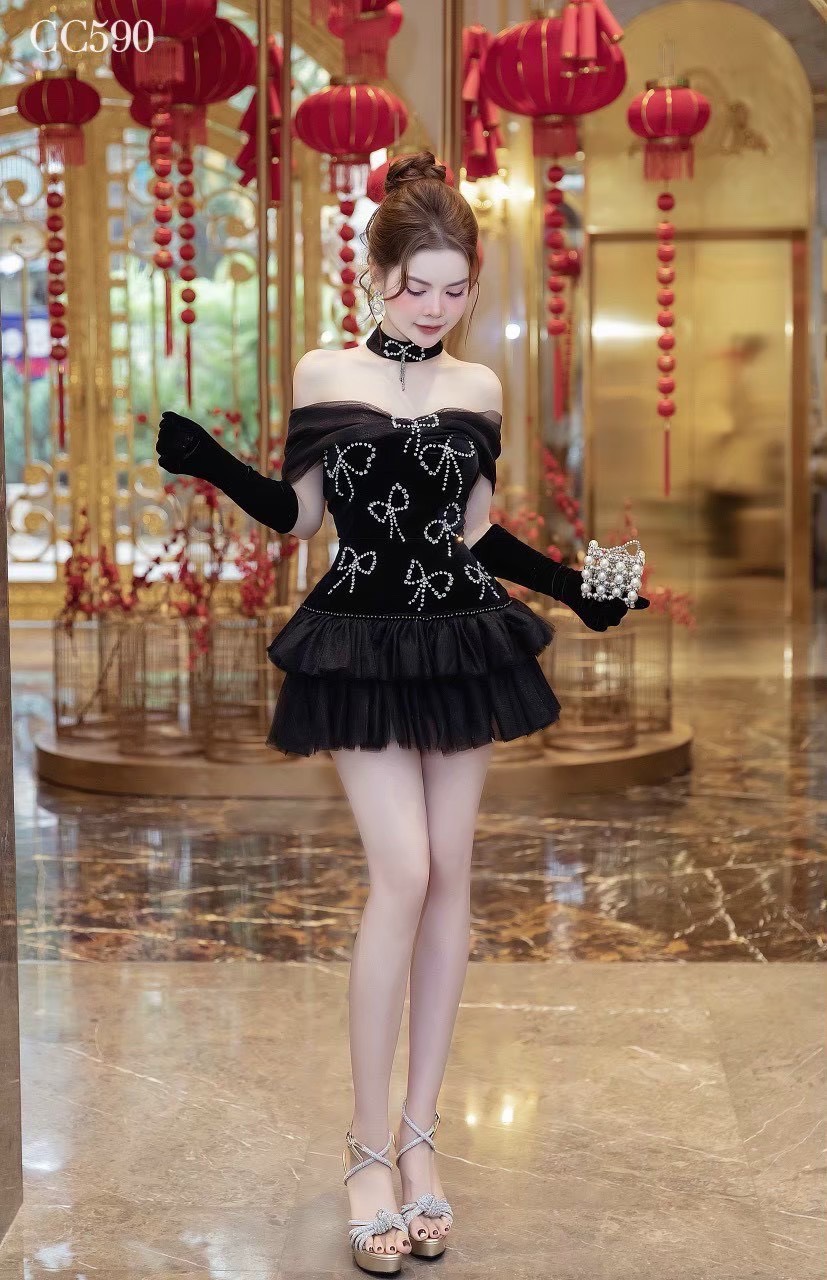 ชุดเดรส ปาดไหล่ แต่งโบว์เพชร สีดำ 2091 Size M BKK - Image 2