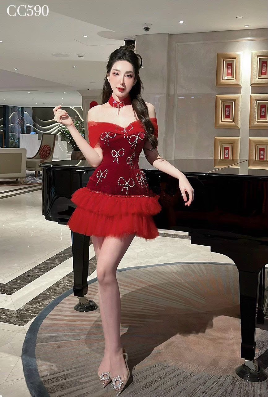 ชุดเดรส ปาดไหล่ แต่งโบว์เพชร สีแดง 2092 Size M BKK - Image 3