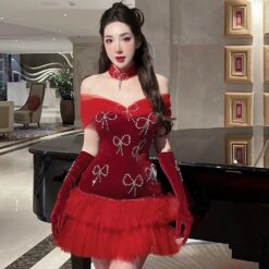 ชุดเดรส ปาดไหล่ แต่งโบว์เพชร สีแดง 2092 Size M BKK