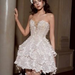 ชุดเดรส เกาะอก แต่งดอก+กลิตเตอร์ สีขาว 2105 Size S-M BKK