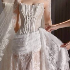 ชุดแต่งงาน ราตรียาว เกาะอก ลูกไม้ สีครีม-ขาว 3019 Size S M L BKK