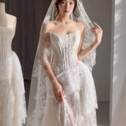 ชุดแต่งงาน ราตรียาว เกาะอก ลูกไม้ สีครีม-ขาว 3019 Size S M L BKK