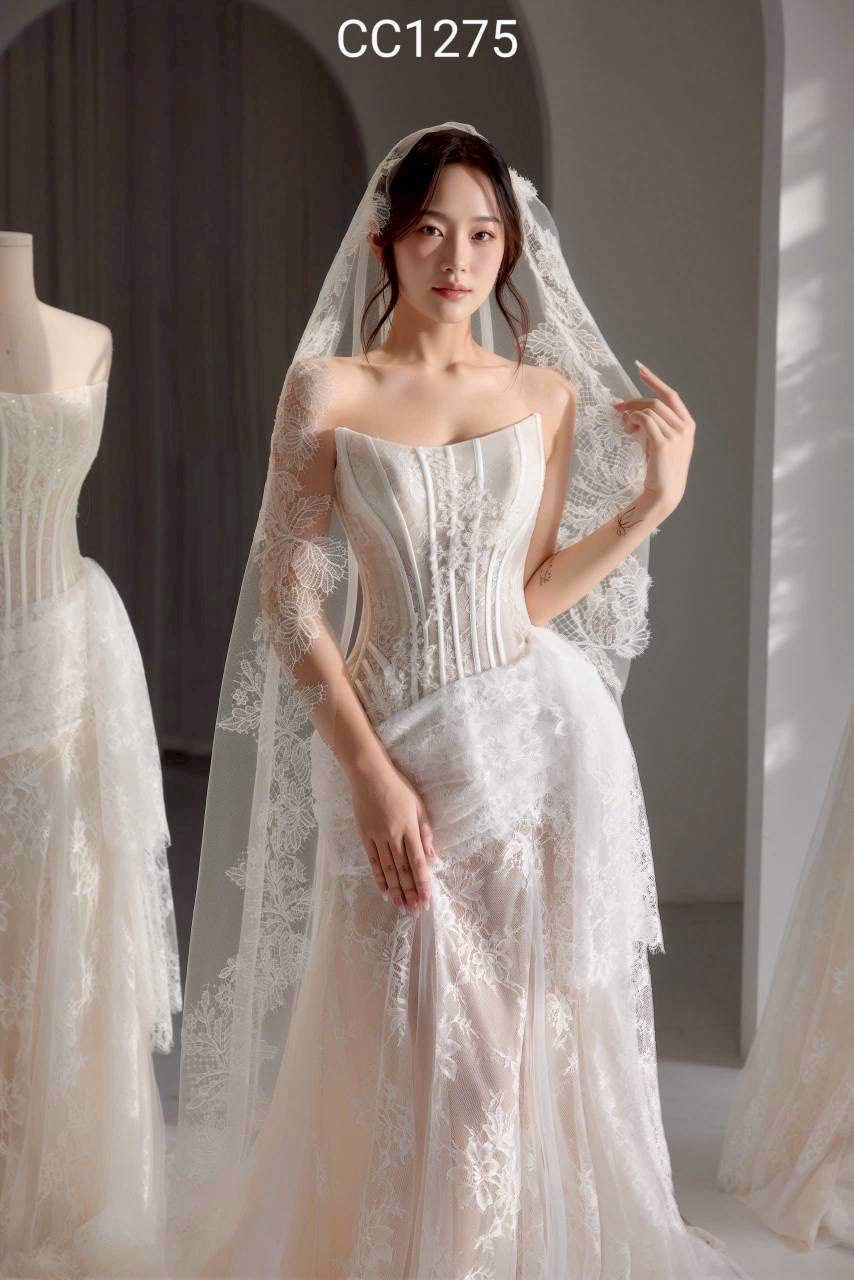 ชุดแต่งงาน ราตรียาว เกาะอก ลูกไม้ สีครีม-ขาว 3019 Size S M L BKK