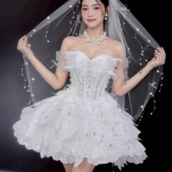 ชุดเดรส ปาดไหล่ แต่งมุก+กลิตเตอร์ สีขาว 2106 Size S BKK