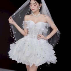 ชุดเดรส ปาดไหล่ แต่งมุก+กลิตเตอร์ สีขาว 2106 Size S BKK