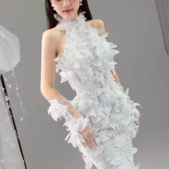 ชุดแต่งงาน ราตรียาว คล้องคอ แต่งดอก สีขาว 3020 Size M BKK