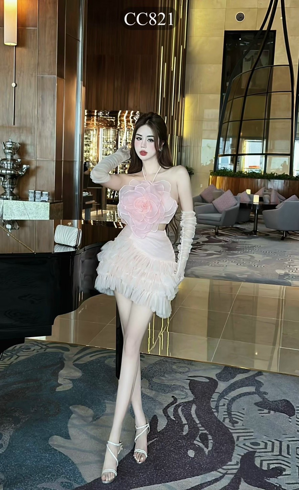 ชุดเซ็ท 2 ชิ้น เสื้อ+กระโปรง แต่งดอก สีชมพู 4011 Size S BKK - Image 3