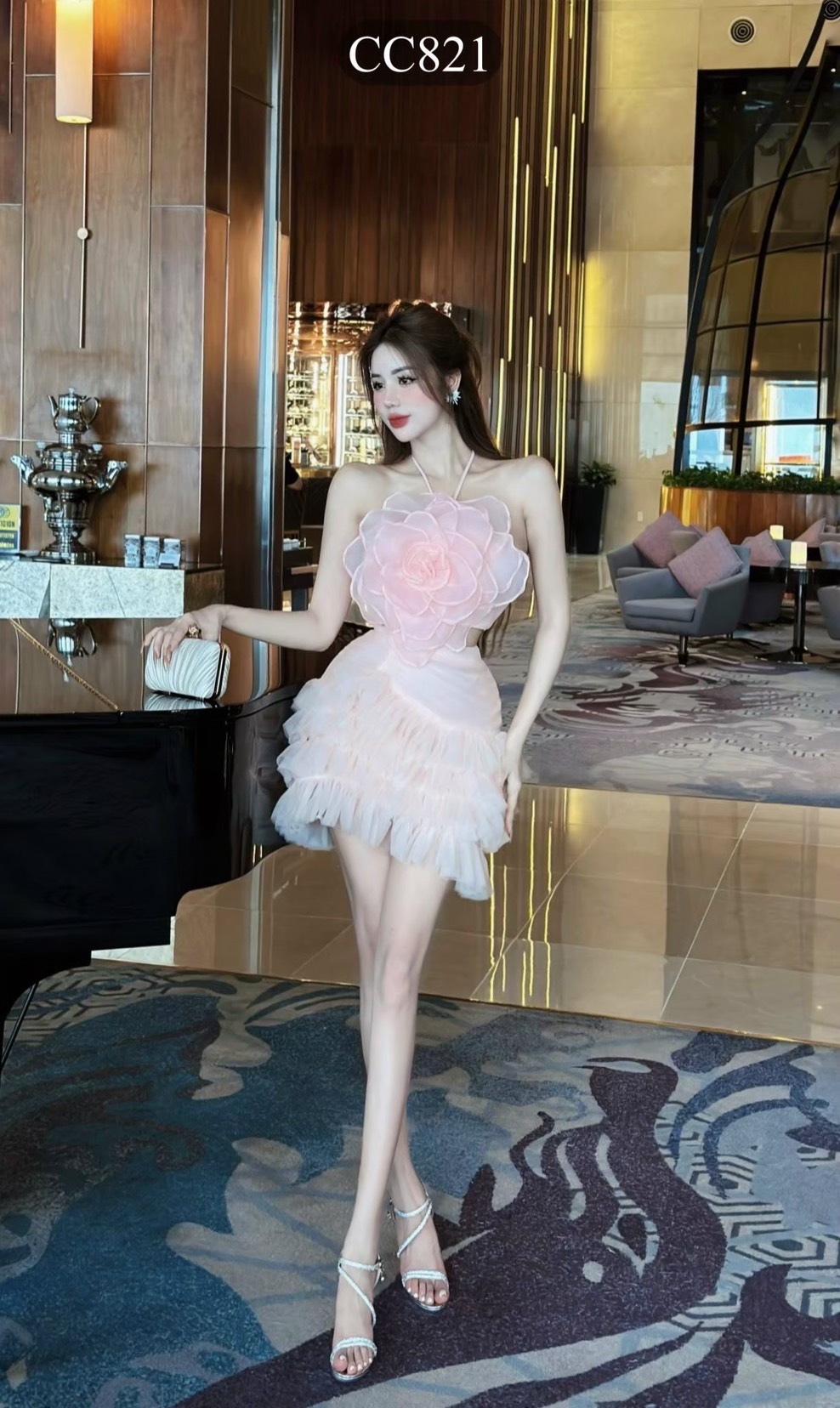 ชุดเซ็ท 2 ชิ้น เสื้อ+กระโปรง แต่งดอก สีชมพู 4011 Size S BKK - Image 4