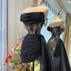 ชุดเดรส เกาะอก ลูกไม้ แต่งเพชร สีดำ 2110 Size S BKK
