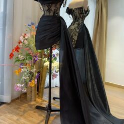 ชุดเดรส เกาะอก ลูกไม้ แต่งเพชร สีดำ 2110 Size S BKK