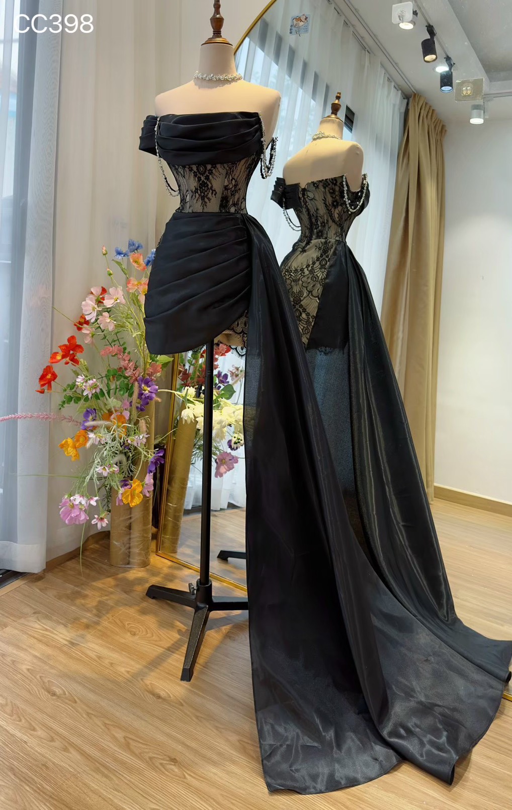 ชุดเดรส เกาะอก ลูกไม้ แต่งเพชร สีดำ 2110 Size S BKK - Image 4