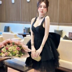 ชุดเดรส แต่งโบว์ ฟูฟ่อง สีดำ 2120 Size S BKK