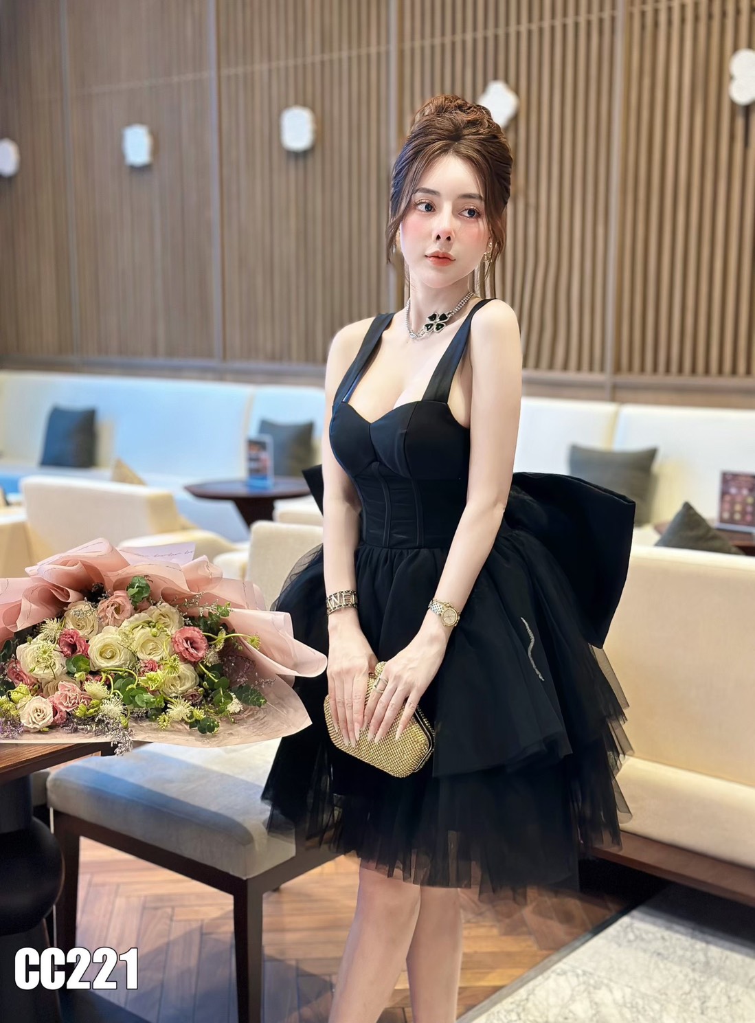 ชุดเดรส แต่งโบว์ ฟูฟ่อง สีดำ 2120 Size S BKK