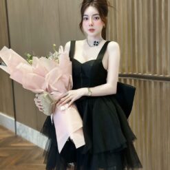 ชุดเดรส แต่งโบว์ ฟูฟ่อง สีดำ 2120 Size S BKK