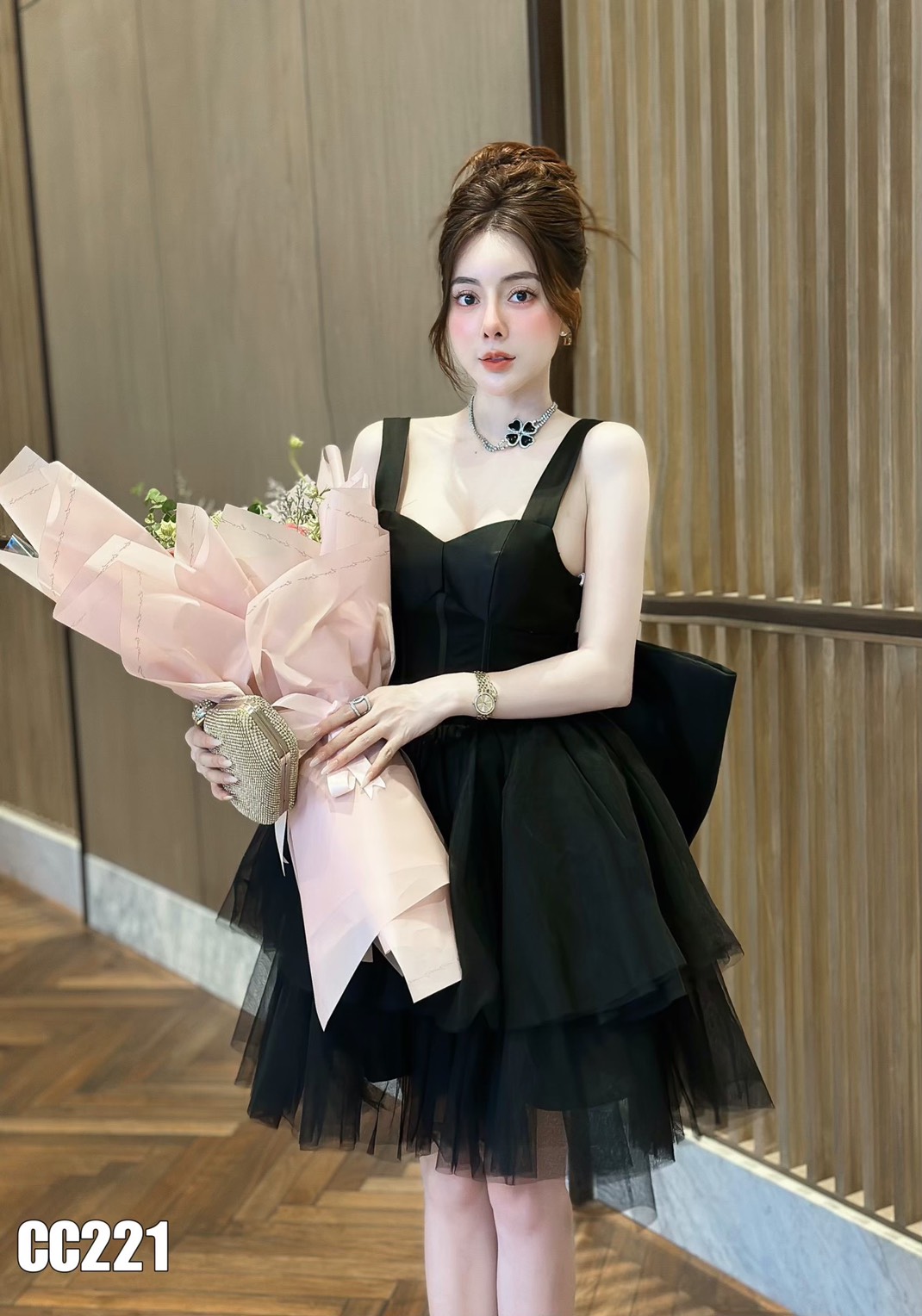 ชุดเดรส แต่งโบว์ ฟูฟ่อง สีดำ 2120 Size S BKK - Image 3